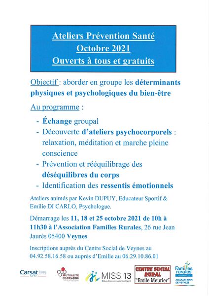 Affiche ateliers prévention Santé - © Familles Rurales Ateliers prévention santé - © Familles Rurales