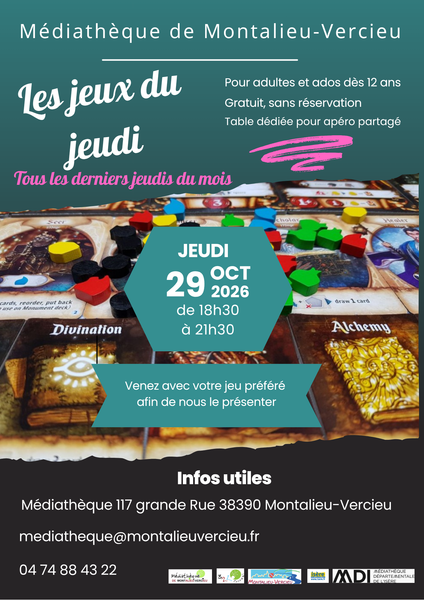 Soirée jeux de société : les jeux du jeudi, à la médiathèque de Montalieu-Vercieu