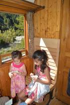 Les enfants à bord du train des pignes à vapeur