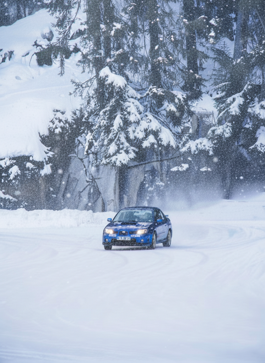 montre une voiture de rallye bleue en pleine action sur un circuit entièrement recouvert d'une épaisse couche de neige blanche.