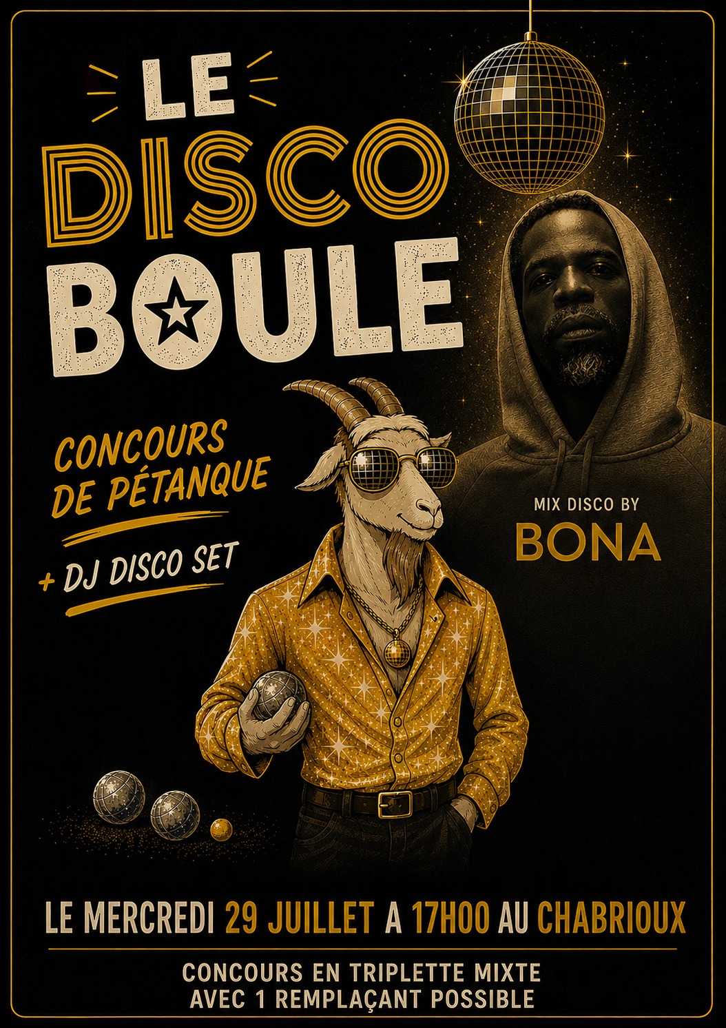 "Disco-boule de DJ Bona" : tournoi de pétanque en triplettes + DJ-set (mix disco)