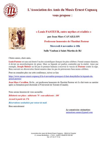 Conférence : Louis Pasteur "Entre Mythes et réalité"