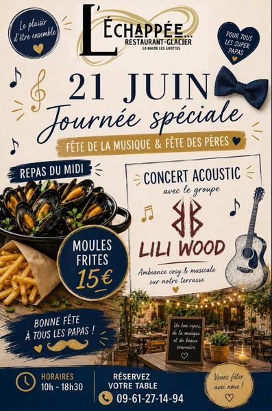 Affiche : Fête de la musique et menu de la fête des pères au restaurant l'Échappée_La Balme-les-Grottes