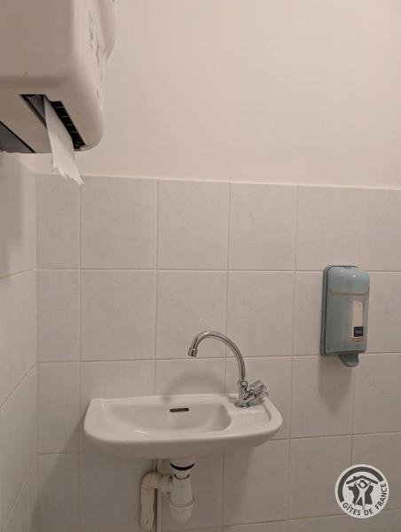 Grand Gîte communal - 15 personnes à Affoux - centre du village, en Haut Beaujolais, dans le Rhône : lavabo dans les toilettes PMR au rez-de-chaussée.
