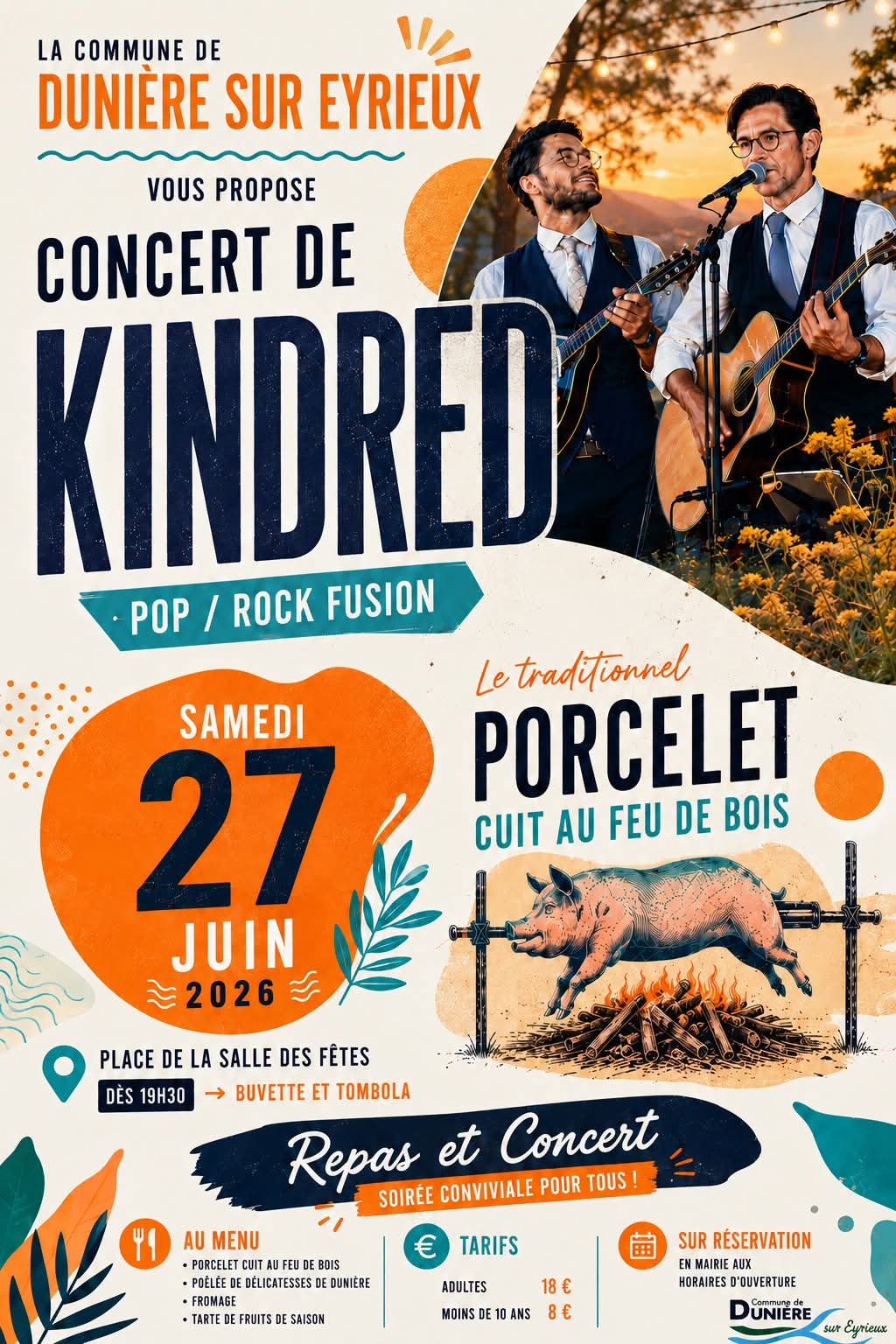 Repas (porcelet cuit au feu de bois) et concert du duo "Kindred" (fusion pop-rock)