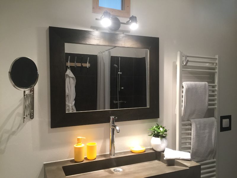Salle de bain avec vasque, miroir et sèche serviette
