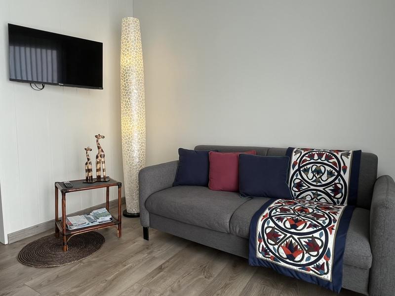 Coin salon avec canapé, télévision accrochée au mur, meuble bas et lampe sur pied.