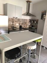 Coin cuisine moderne de l'appartement avec table à manger, tabourets, plaques électriques, four