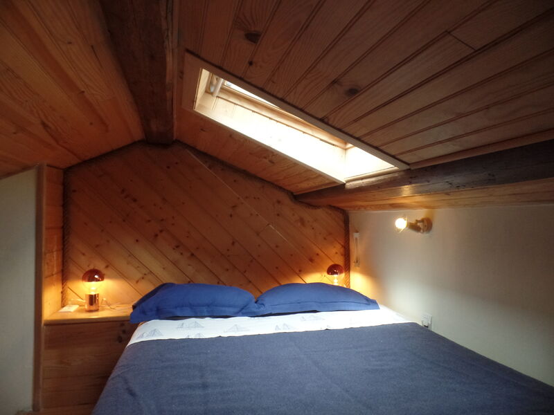 Chambre Crépuscule avec lit double, fenêtre de toit et mur en lambris