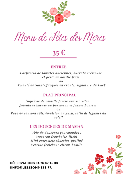 Menu de Fêtes des Mères - Restaurant Les 3 Sommets_Sarcenas