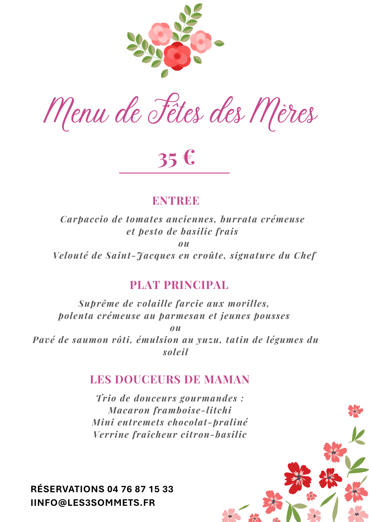 Menu de Fêtes des Mères - Restaurant Les 3 Sommets