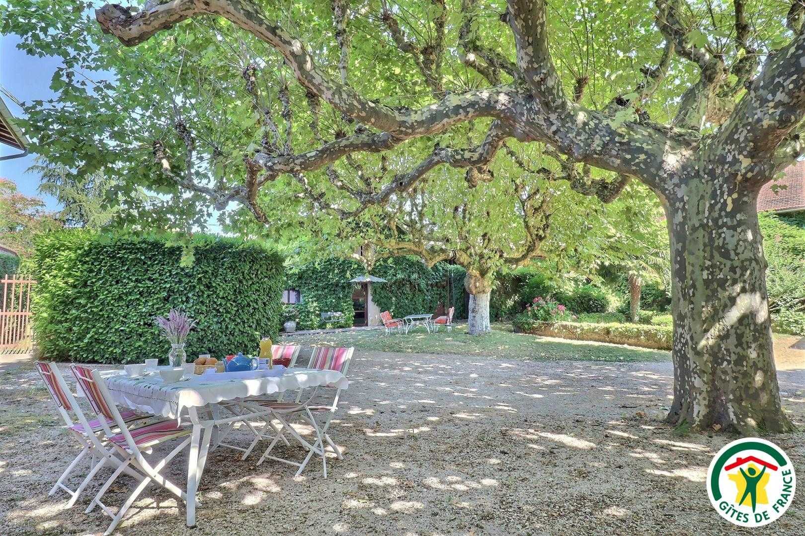 Salon de jardin privatif dans la cour sous les platanes