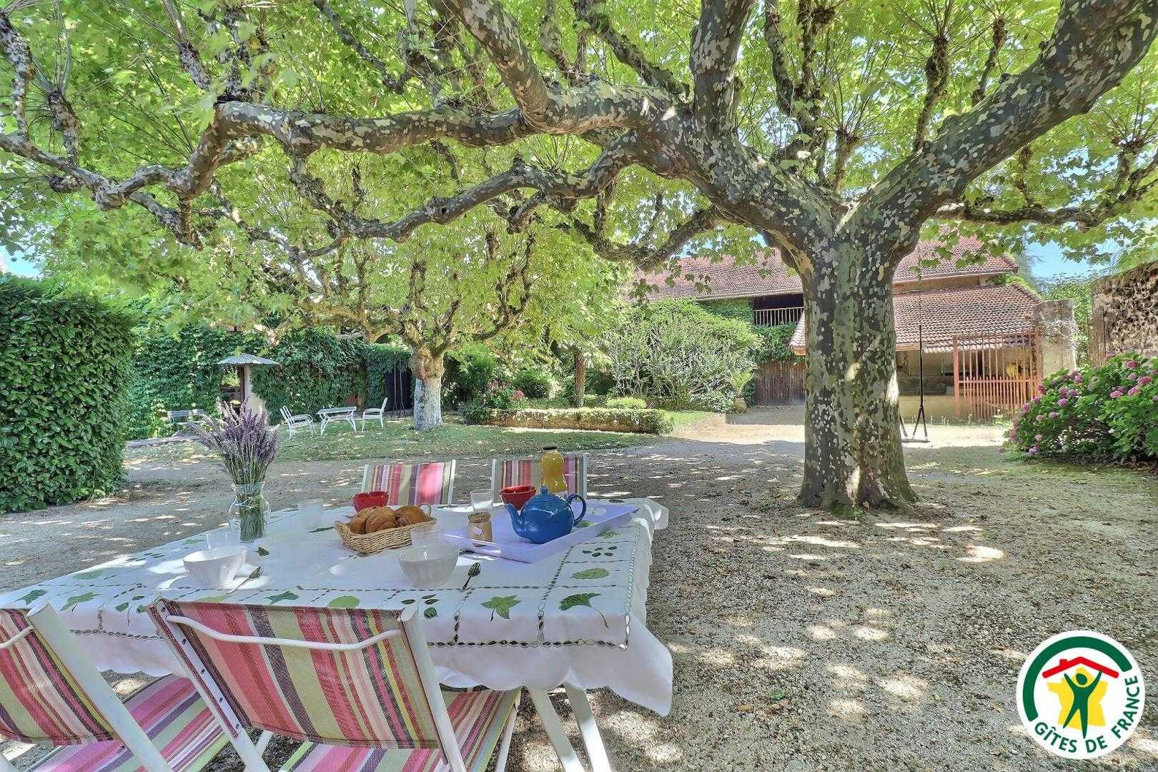 Salon de jardin privatif dans la cour sous les platanes