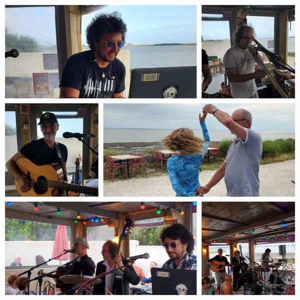 Une mosaique de photos lors d'un diner concert, avec des musiciens et des gens dansant.