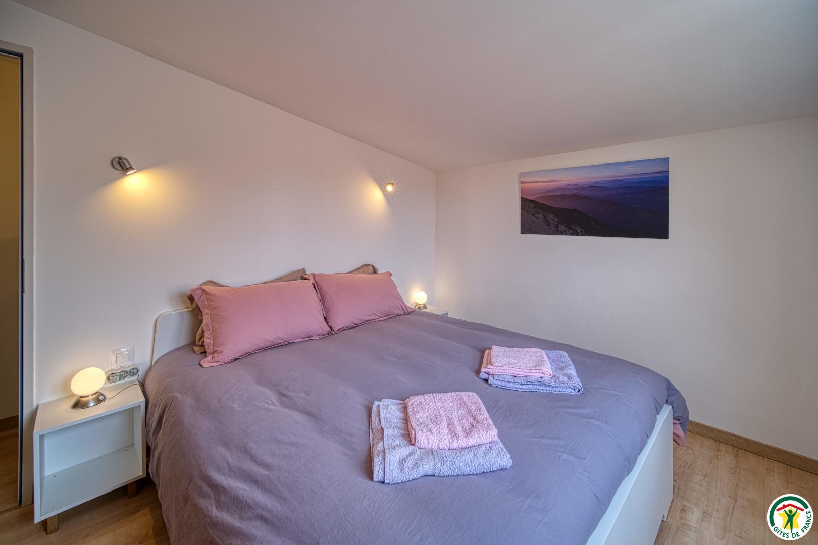 Chambre 1 : lit double (1x160), placard mural