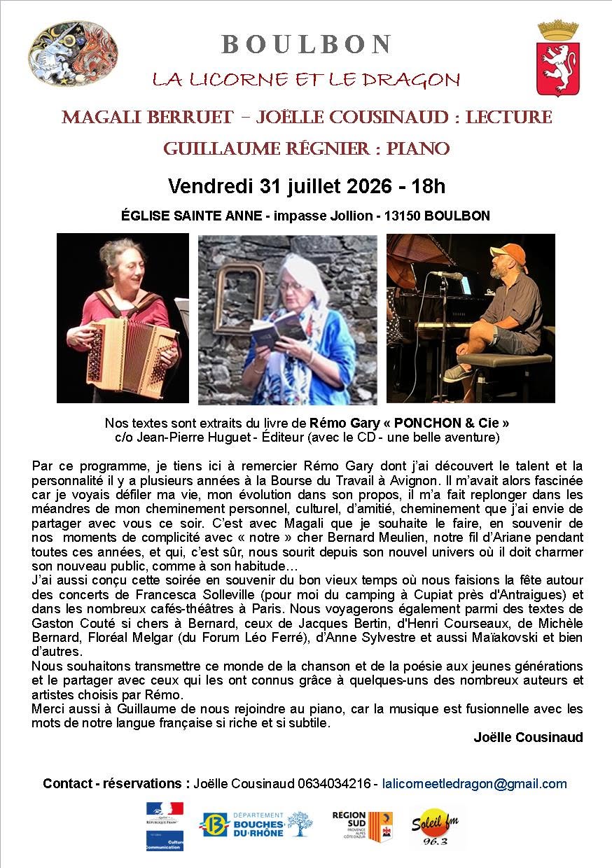 Lecture / piano - Magali Berruet, Joëlle Cousinaud et Guillaume Regnier