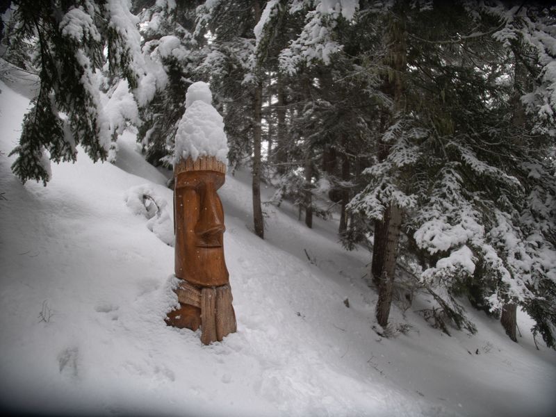 Aussois hiver sentier des sculptures dans la forêt du Monolithe