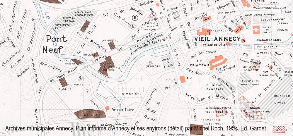 Plan imprimé d’Annecy et ses environs (détail) par Michel Roch, 1957. Ed. Gardet
