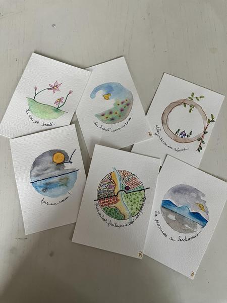 cartes aquarelles brodées, toiles acrylique 