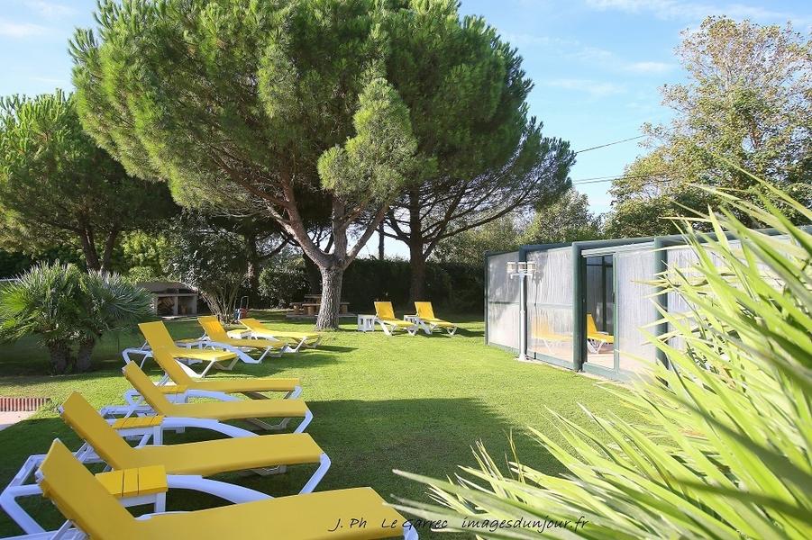 Jardin avec grands arbres et transats jaunes