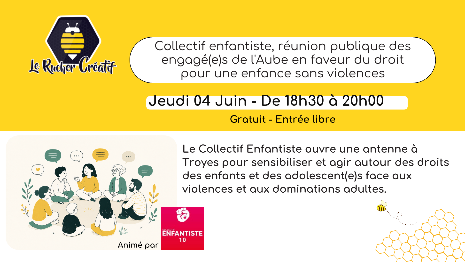 Collectif enfantiste, réunion publique des engagé(e)s de l'Aube en faveur du droit pour une enfance sans violences — visuel événement