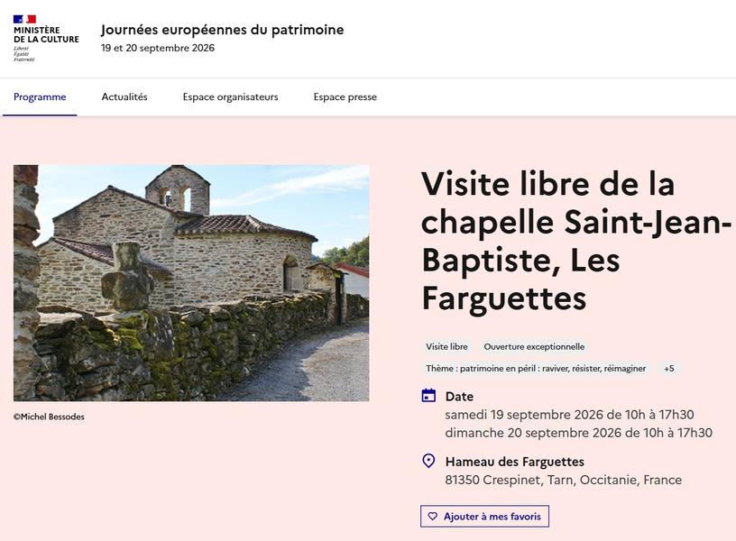Journées Européennes du Patrimoine - Visite de la chapelle Saint-Jean-Baptiste
