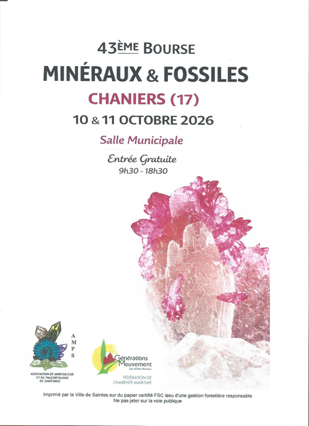 VENTE EXPOSITION MINERAUX ET FOSSILES DES 10 ET 11 OCTOBDRE 2026 à CHANIERS 17