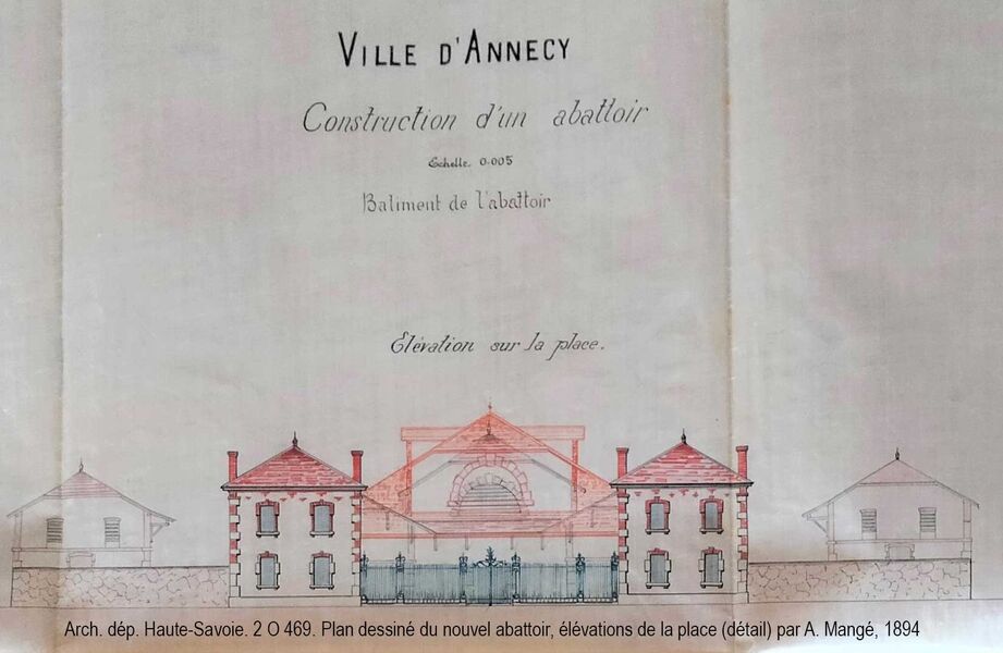 Plan dessiné du nouvel abattoir, élévations de la place (détail) par A. Mangé, 1894