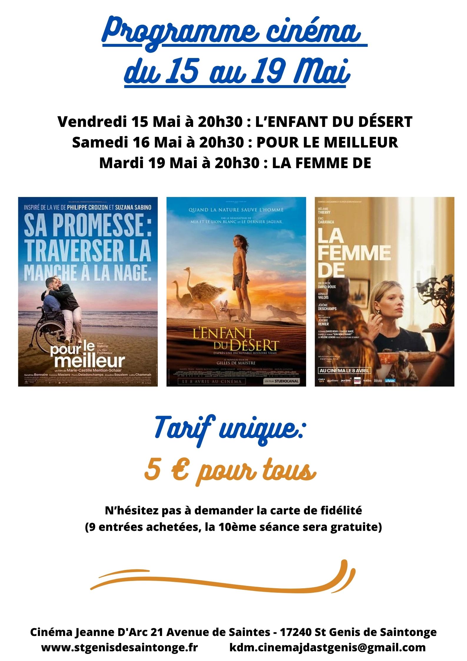 Programme Cinéma Saint Genis de Saintonge du 15 au 19 Mai