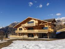 Chalet en bois sur 3 étages, terrasses en bois, porte-fenêtres, cour, espace dégagé, vue sur les montagnes enneigées