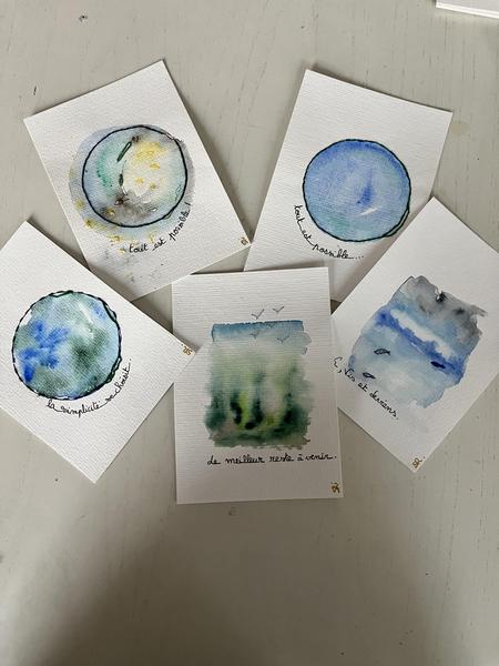 cartes aquarelles brodées, toiles acrylique 