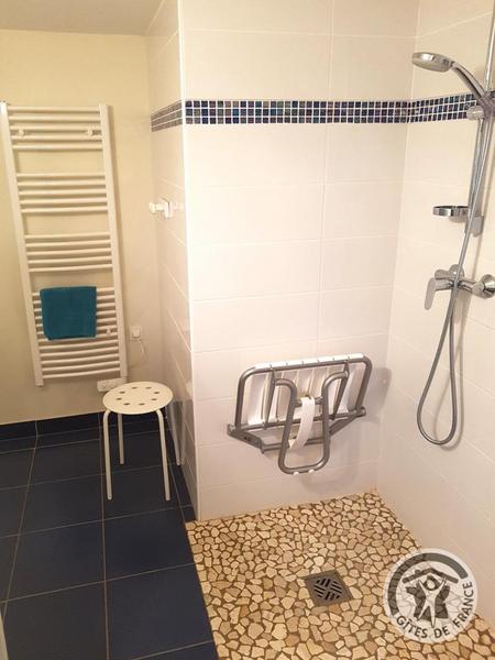 Gîte/Maison de Vacances avec 4 chambres \'Le Clos du Jubin\' à Saint-Forgeux (Rhône, Beaujolais Vert, Sud de Tarare) : douche dans la salle d\'eau privée de la Chambre \'Terres Lointaines\'.