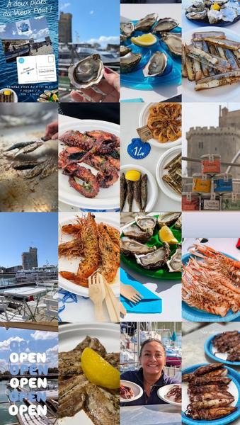 Montage de 16 photos de sardines, crevettes, huitres, etc.