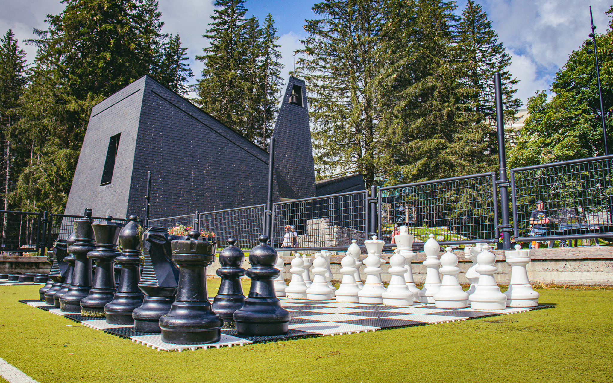 Giant chessboard with a view of the Chapelle de Flaine