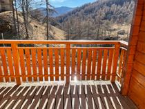 Terrasse en bois ensoleillée avec palissade, vue dégagée sur une forêt automnale