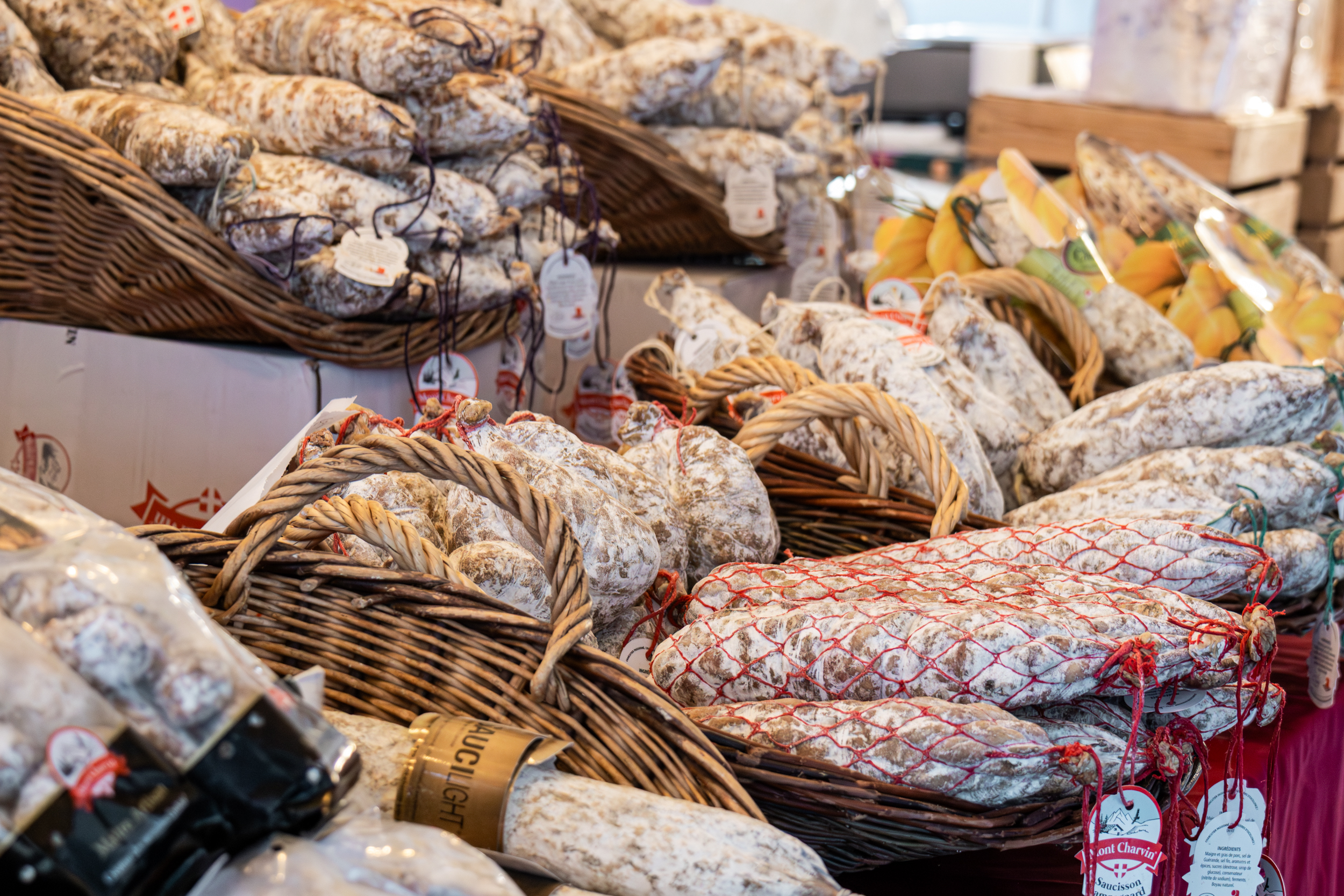 Cured meat stall at the Flaine market