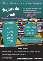 Affiche_Soirée jeux de société : les jeux du jeudi  la médiathèque de Montalieu…