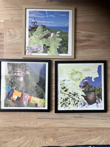 cartes aquarelles brodées, toiles acrylique 