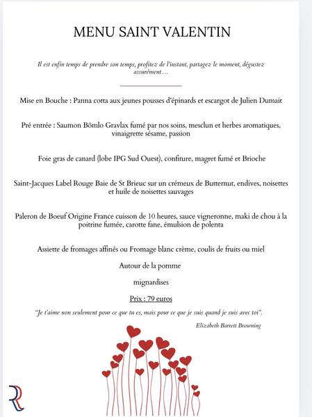Menu de la Saint-Valentin au restaurant "La Source"