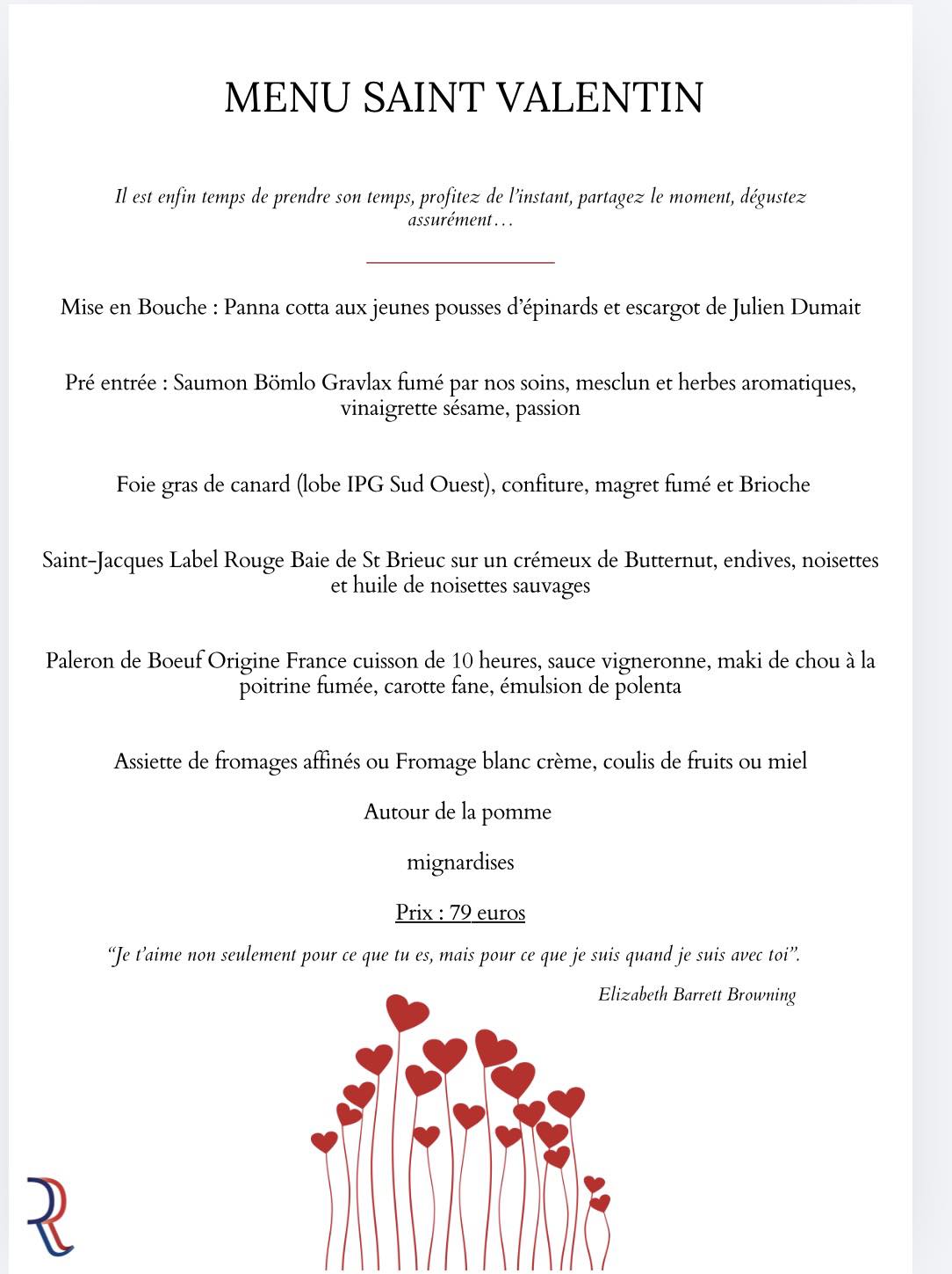 Menu de la Saint-Valentin au restaurant "La Source"