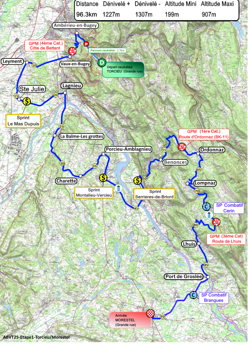 Tracé de l'étape 1 entre Torcieu et Morestel - Ain Bugey Valromey Tour 2025 - 37e édition_Belley
