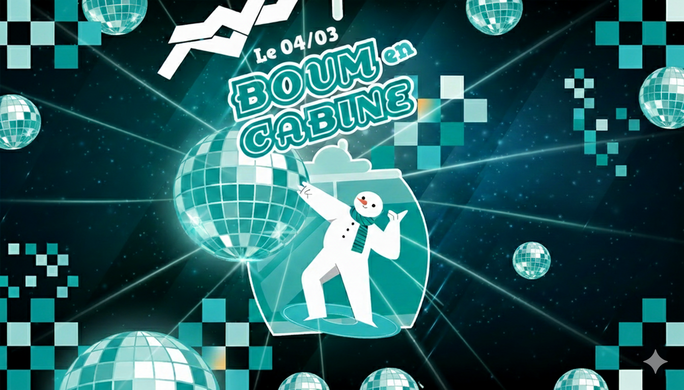 Een sneeuwman danst in een gondel, omringd door discoballen. Blauwe en turquoise grafische stijl, winterse disco-sfeer met de datum 04/03.