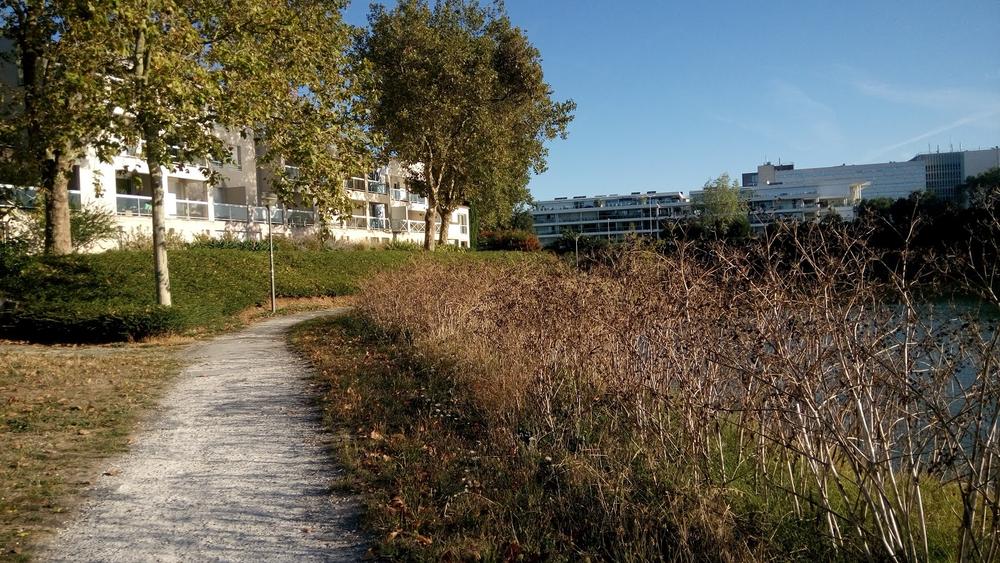 Chemin qui longe le plan d'eau, au pied de la résidence.