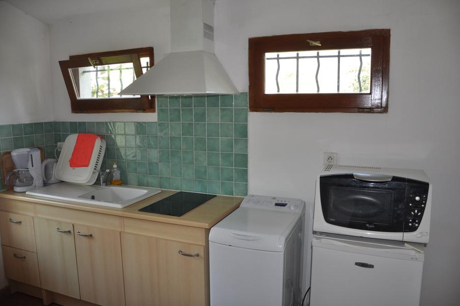 Cuisine avec évier, plaque, machine à laver, micro-ondes, réfrigérateur et 2 fenêtres