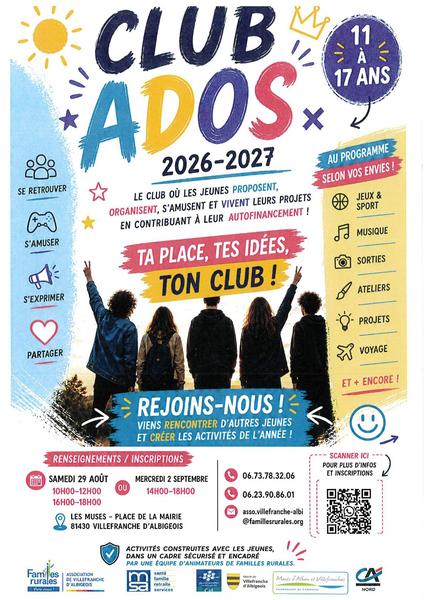 Club ado : renseignements et inscriptions auprès de Familles Rurales