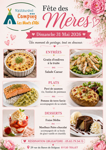 Menu fête des mères au camping Les Monts d'Albi