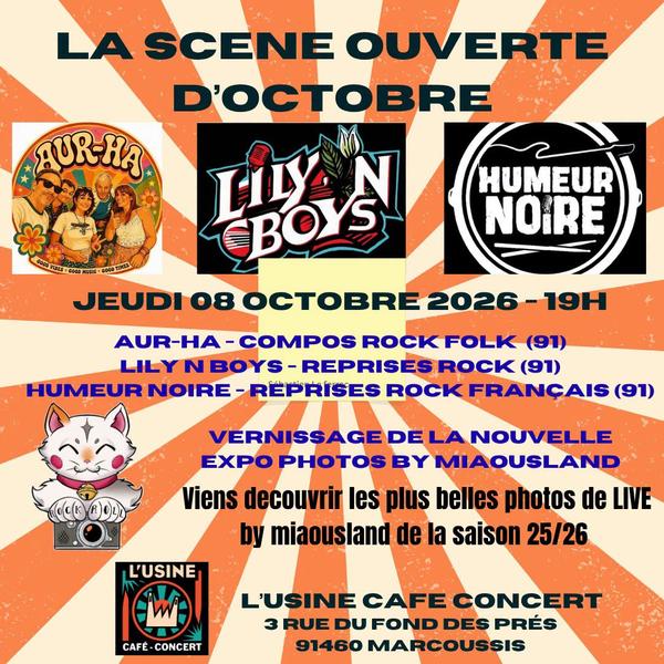 La SCENE OUVERTE d'octobre avec Aur-ha, Lily N' boys et Humeur Noire + VERNISSAGE expo photos by MIAOUSLAND
