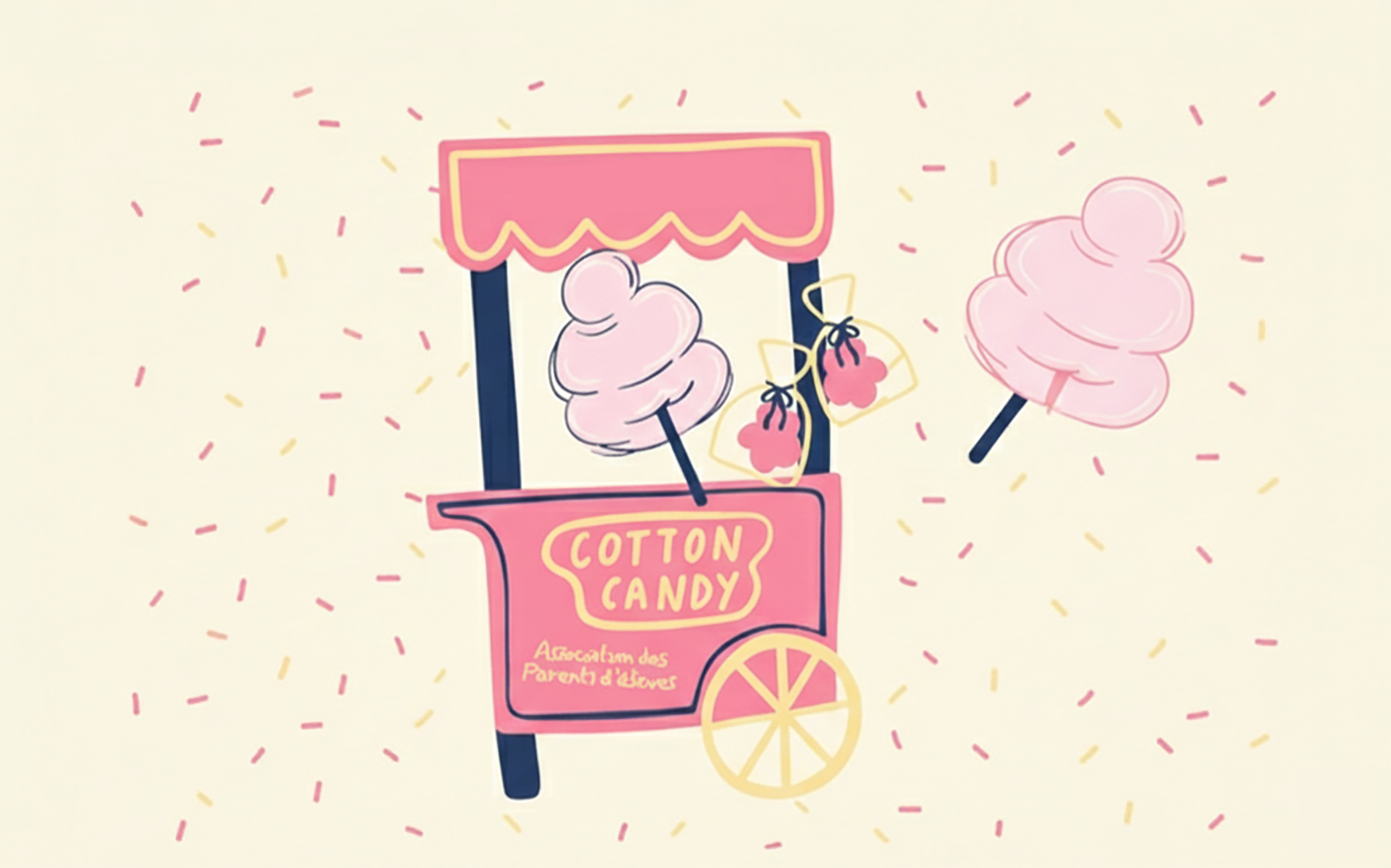 Illustratie van een roze suikerspinkraam op een crème achtergrond met gekleurde confetti. De kar op wielen draagt de tekst 