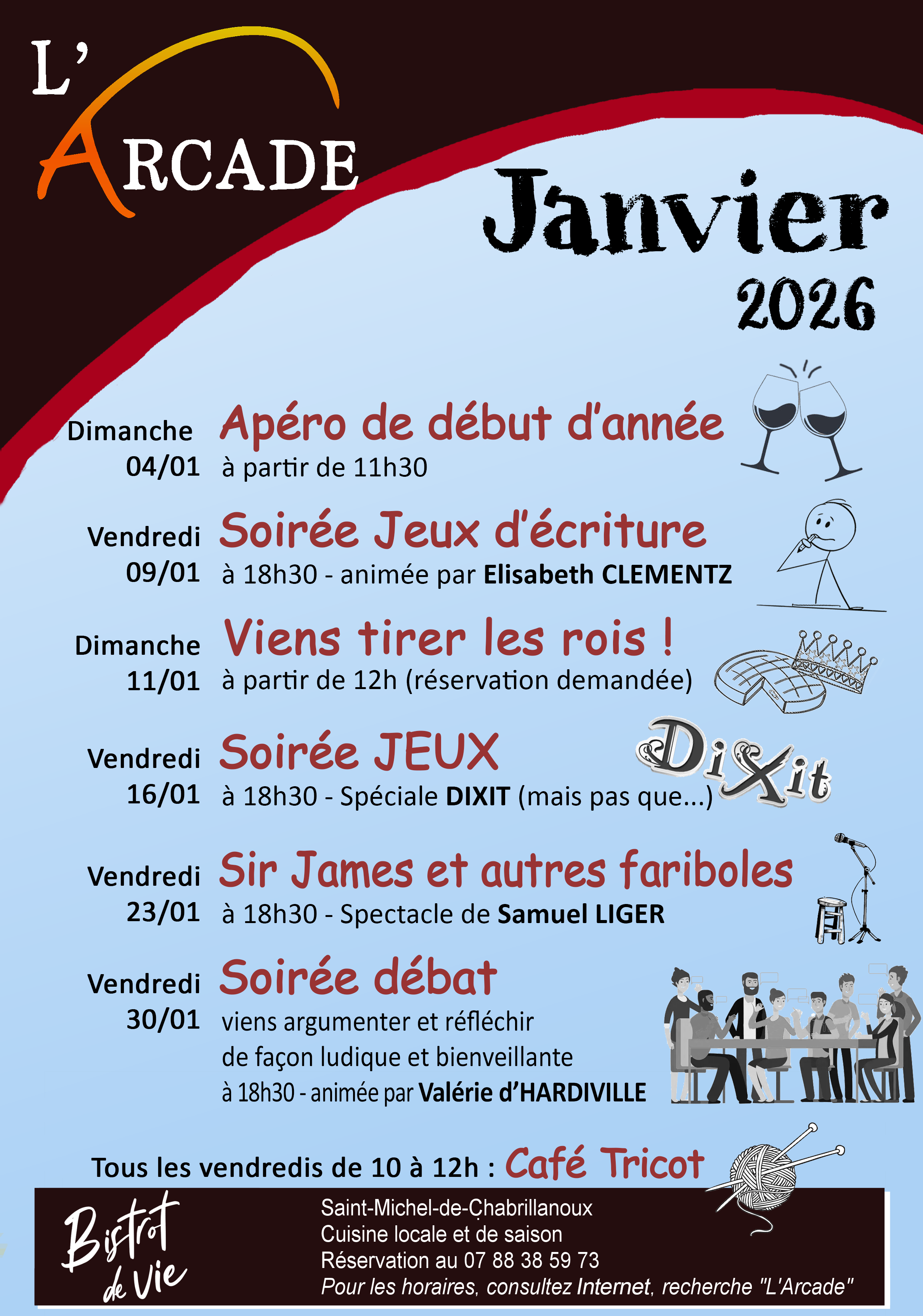 Affiche des animations au bar-restaurant L'Arcade en janvier 2026