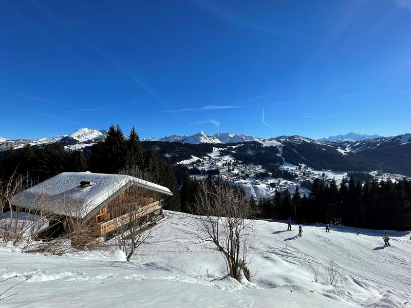 Le chalet avec la piste et le Mont Blanc